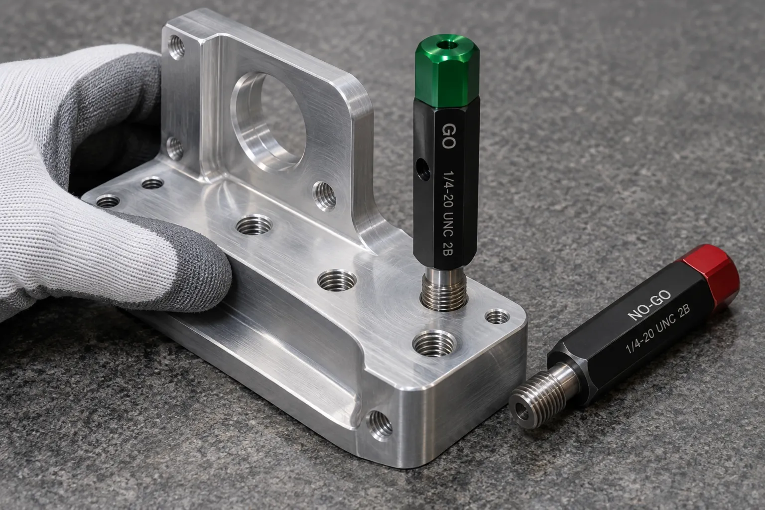 Go and no-go thread plug gauges checking a tapped hole in an aluminum part