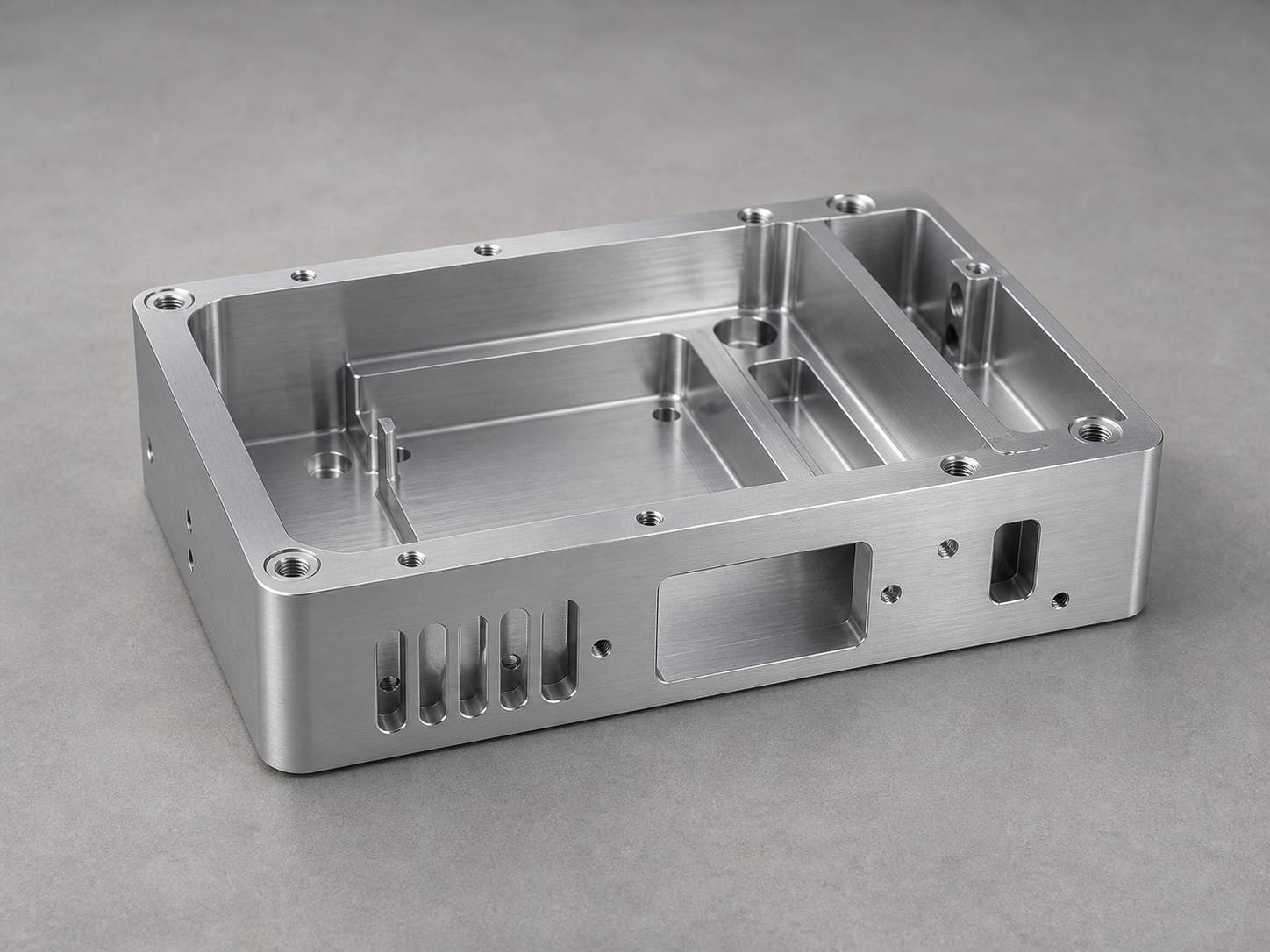CNC machined aluminum electronics housing with pockets and threaded holes