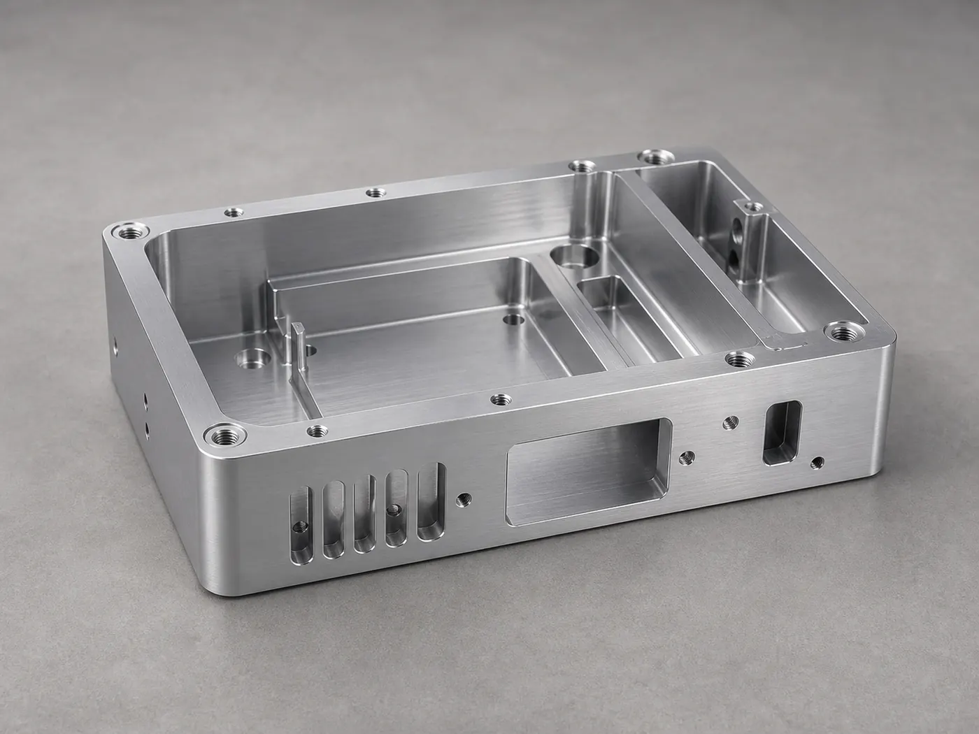 CNC machined aluminum electronics housing with pockets and threaded holes