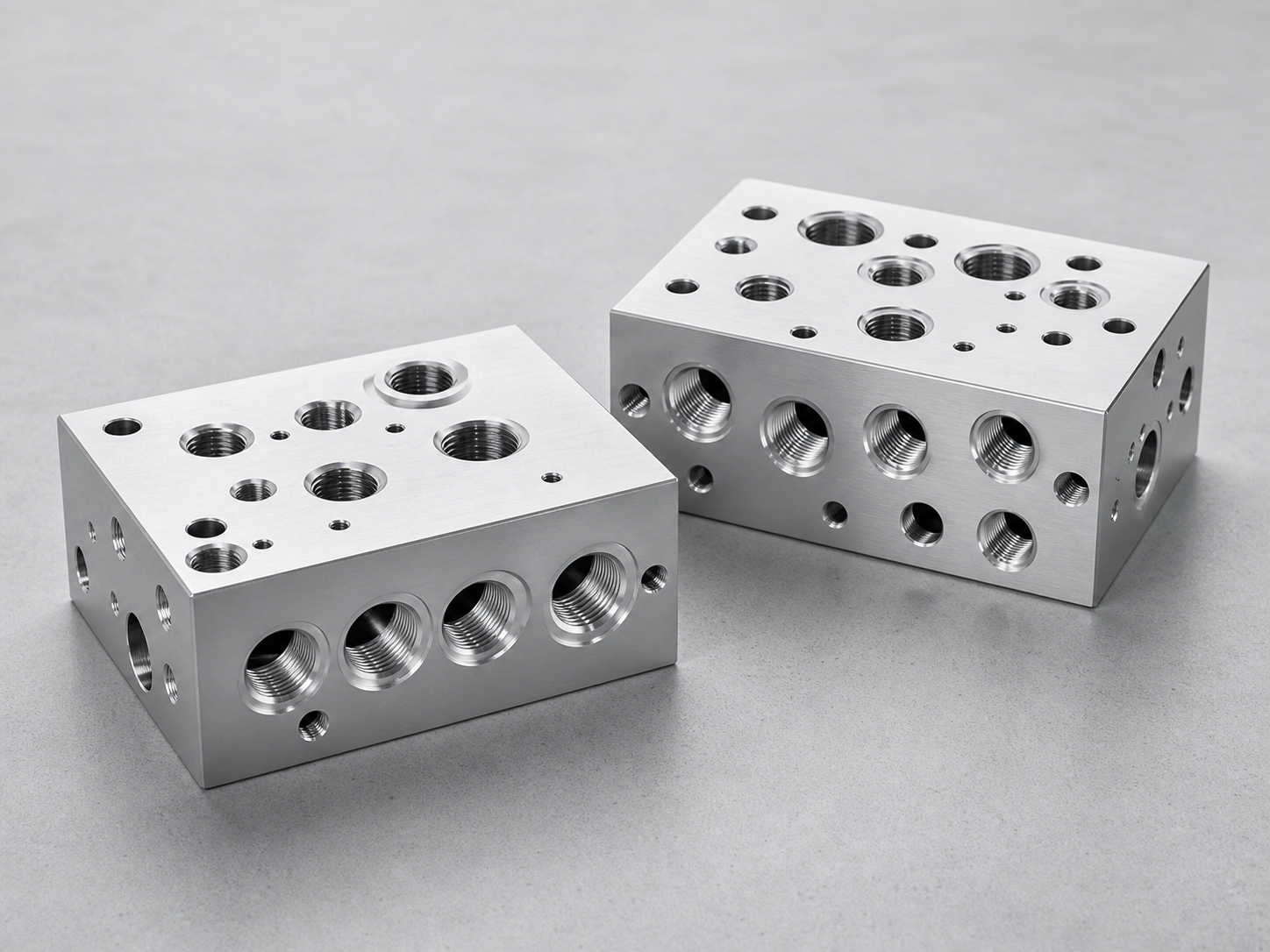 CNC machined aluminum manifold blocks with threaded ports