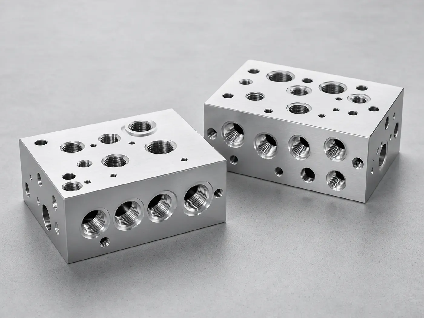 CNC machined aluminum manifold blocks with threaded ports