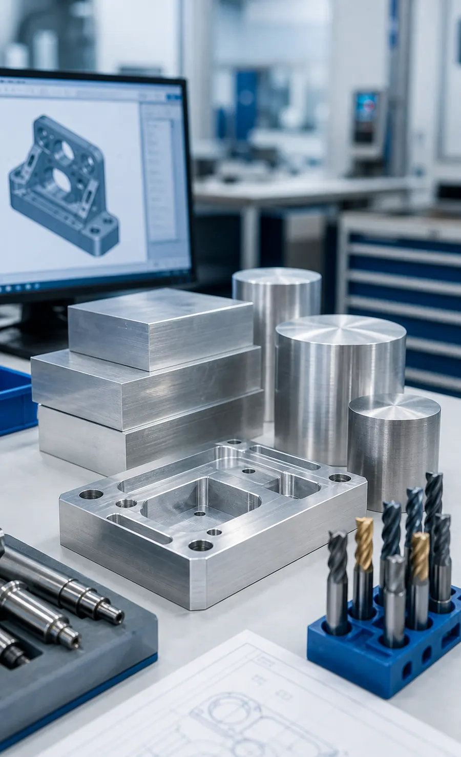 Raw aluminum stock and machined parts prepared for CNC production