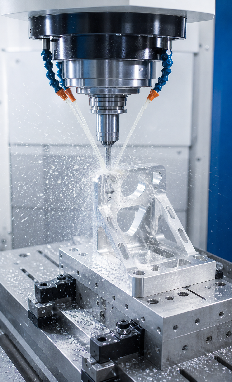 CNC milling machine cutting an aluminum component