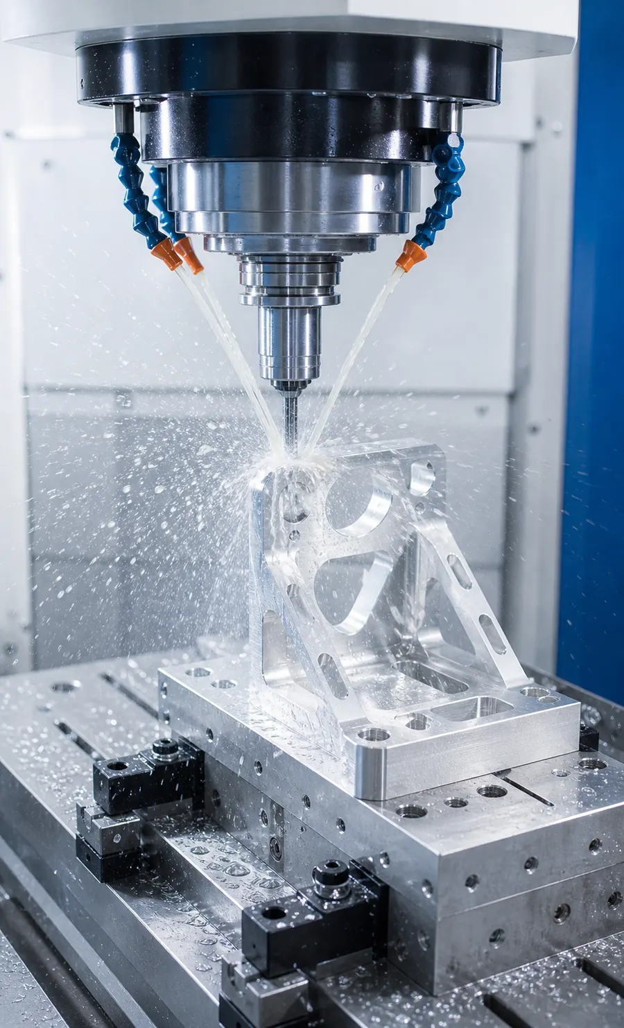 CNC milling machine cutting an aluminum component