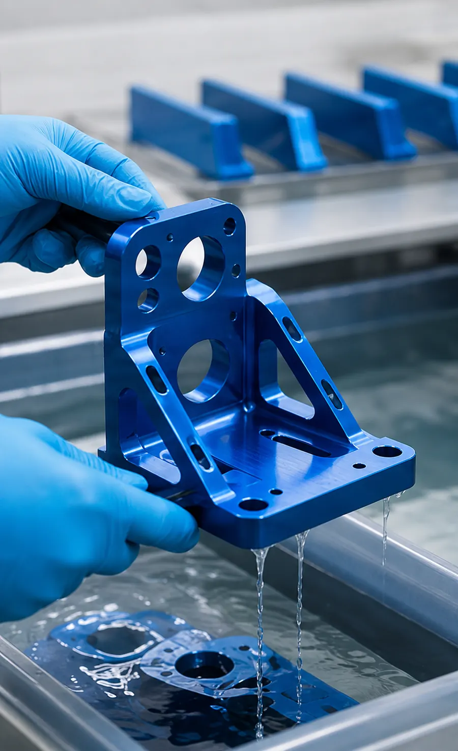 Blue anodized aluminum part during surface finishing