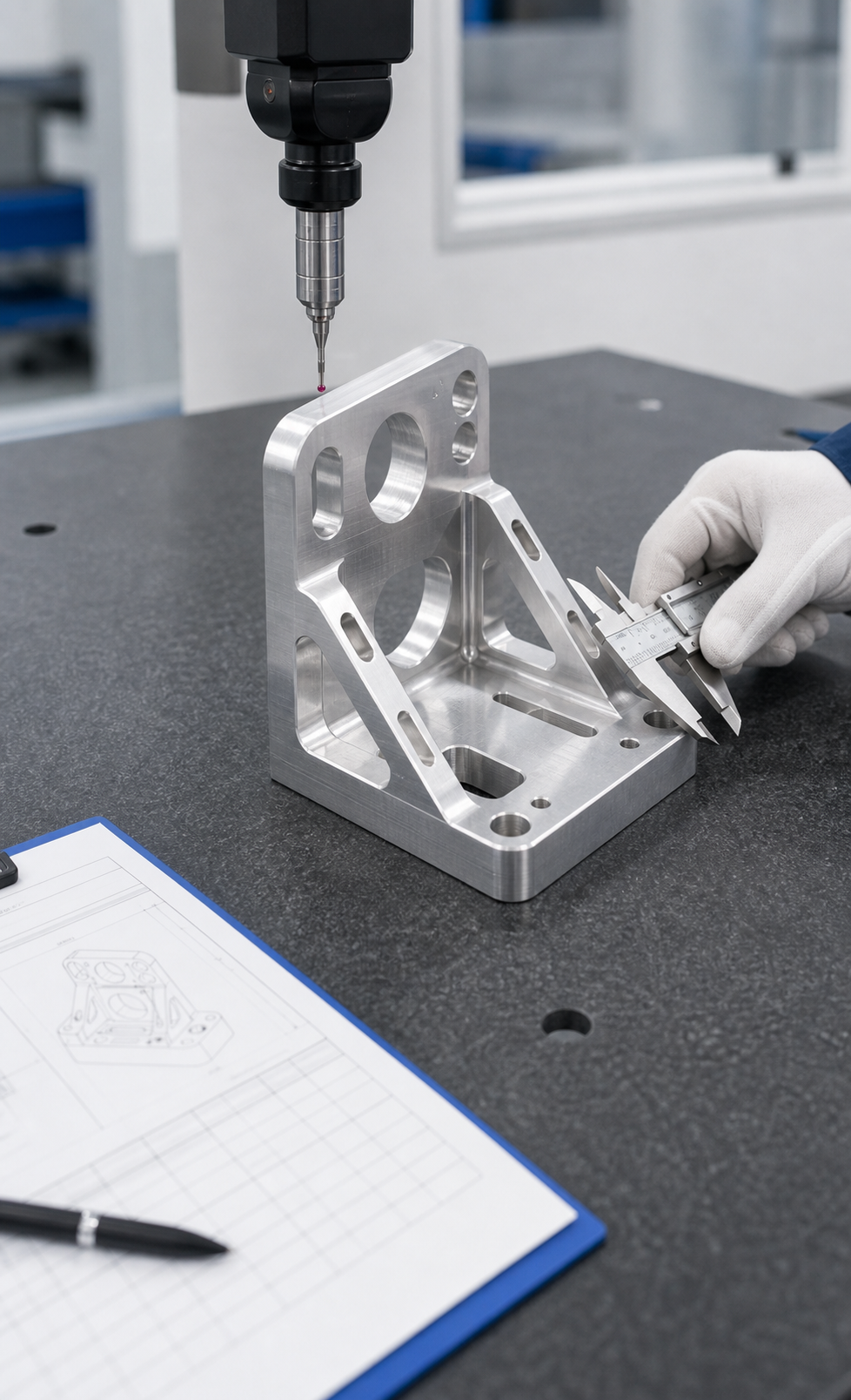 Precision part being inspected on a measurement table