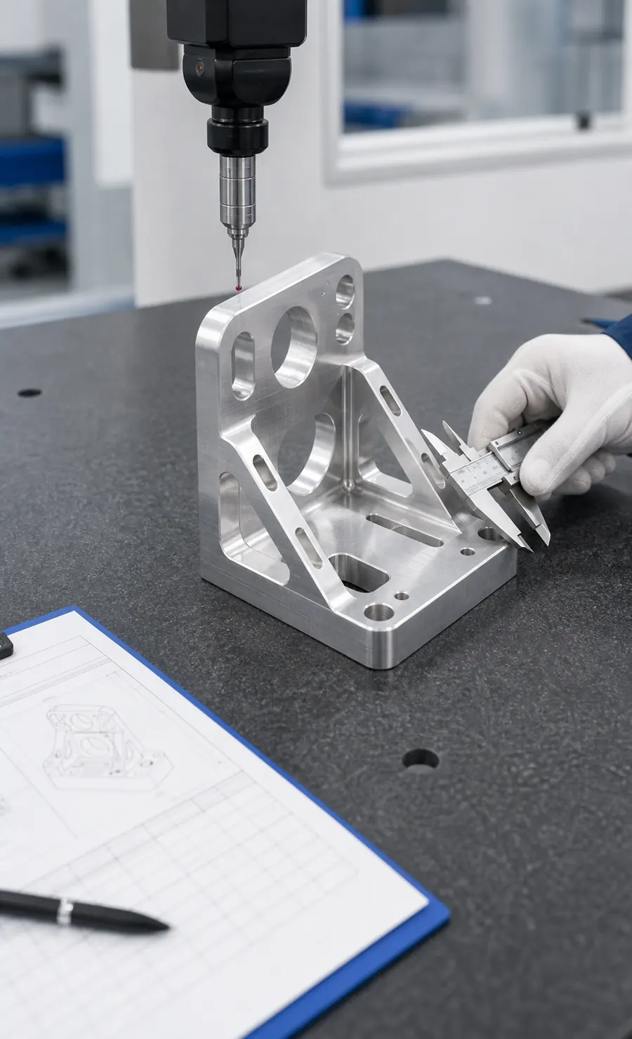 Precision part being inspected on a measurement table