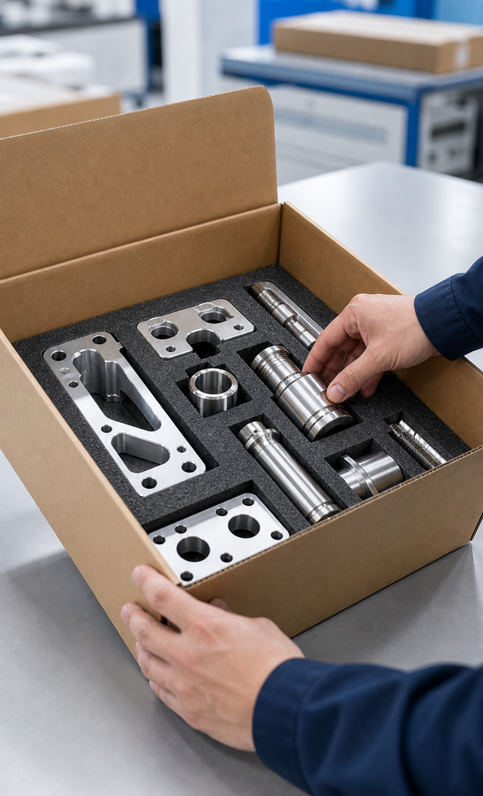 CNC machined aluminum parts packed in protective foam for shipment