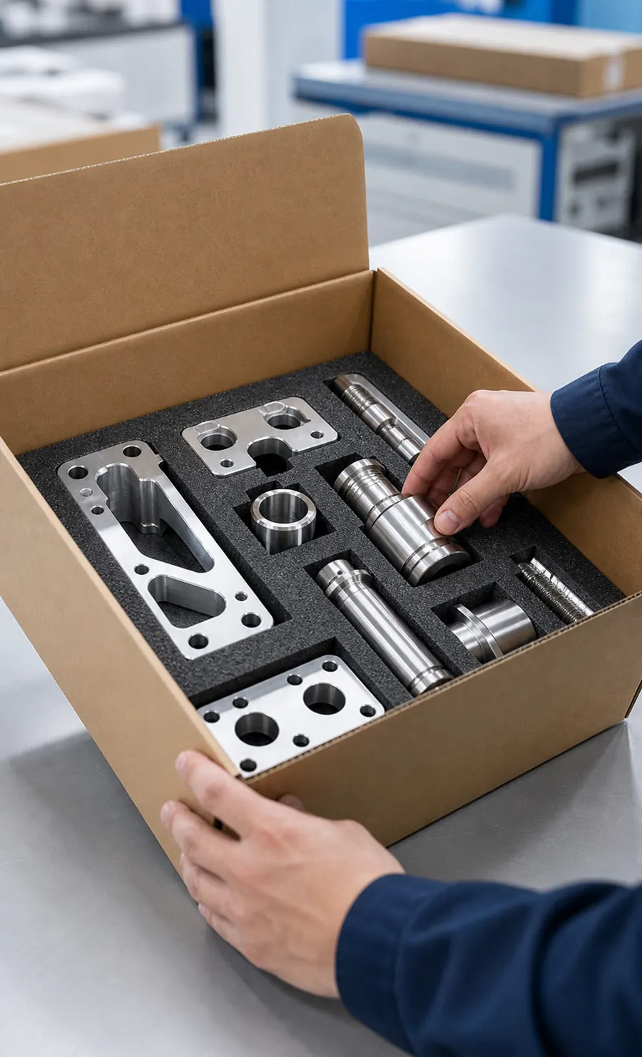 CNC machined aluminum parts packed in protective foam for shipment